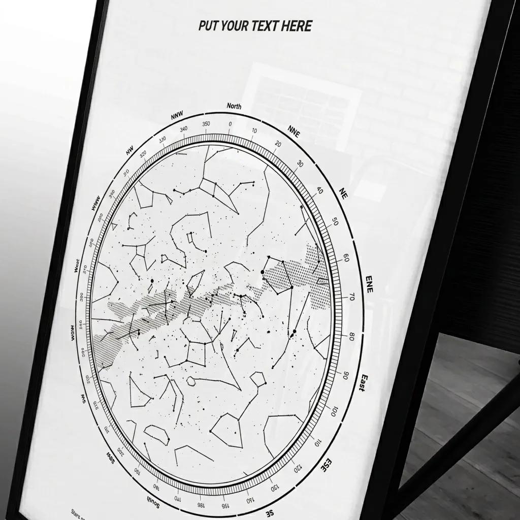Close-up of the stars and constellation lines on a printed star map
