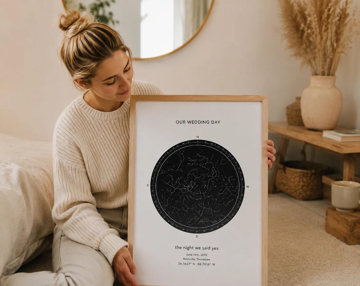 A framed wedding star map in a home
