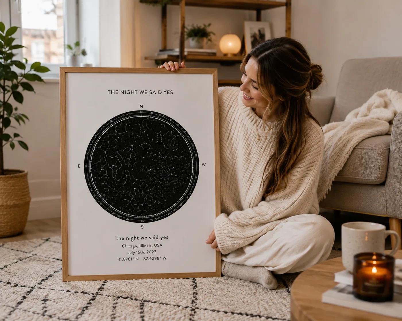 A framed anniversary star map in a home