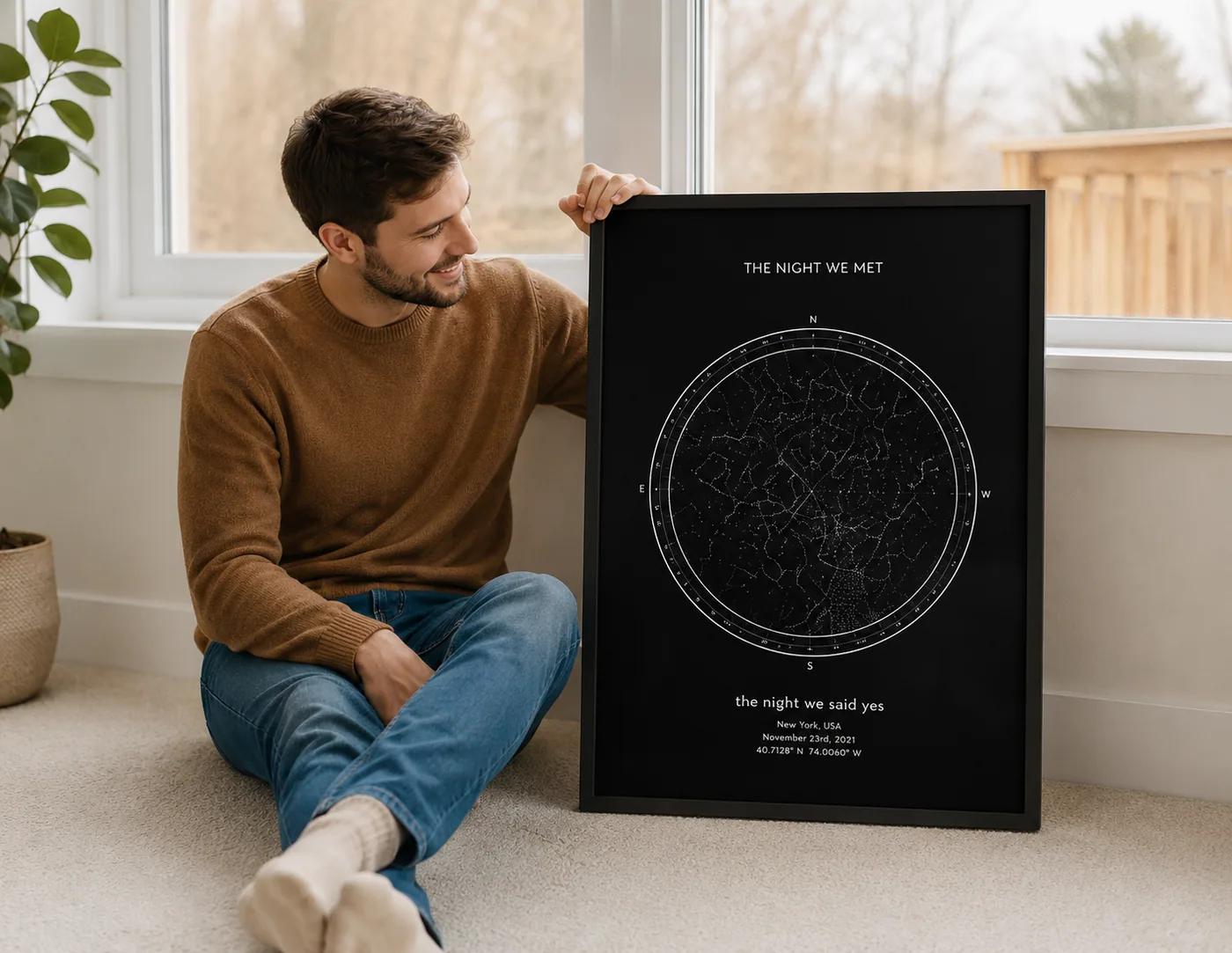 A framed valentine's day star map in a home