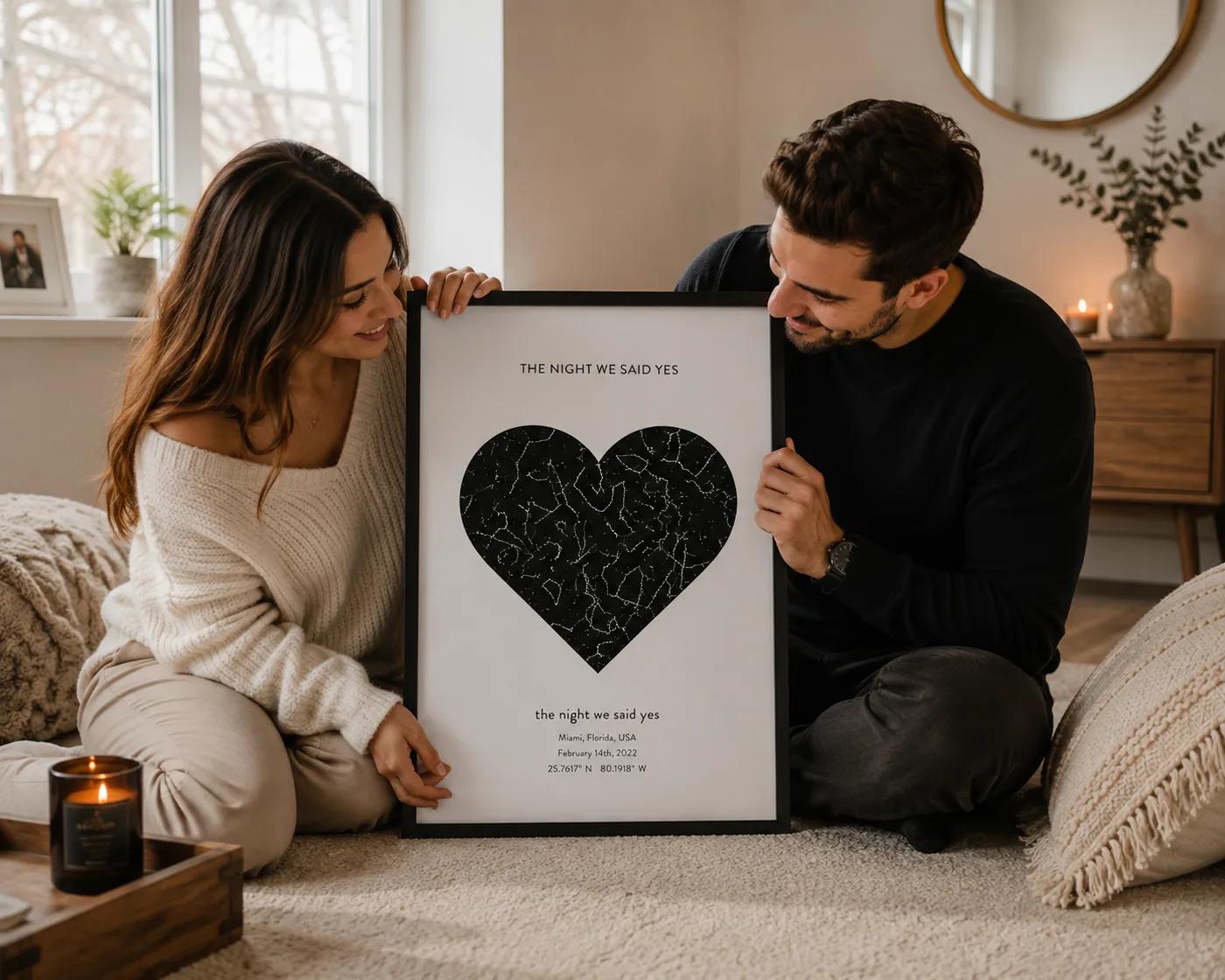 A framed engagement star map in a home