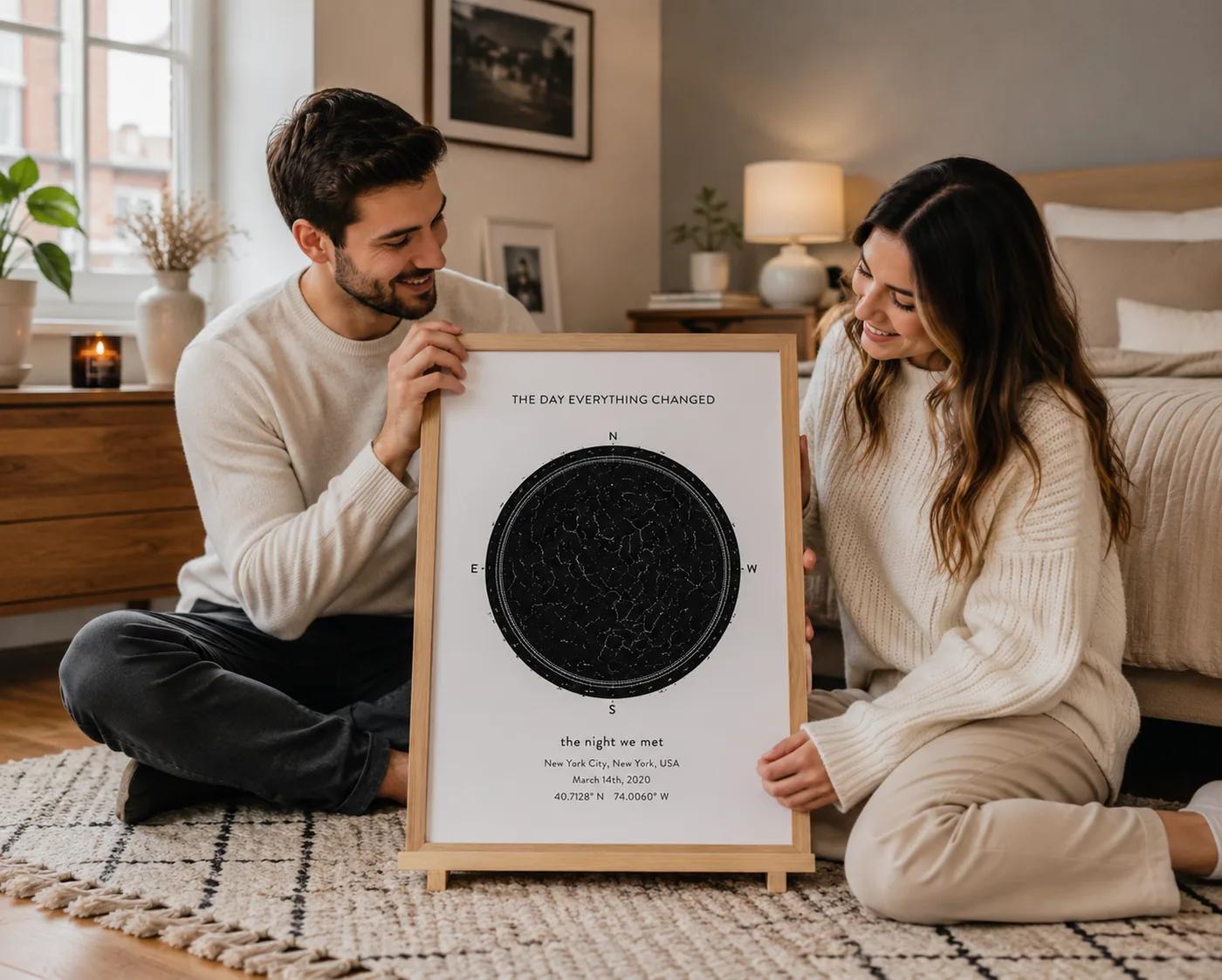 A framed birthday star map in a home