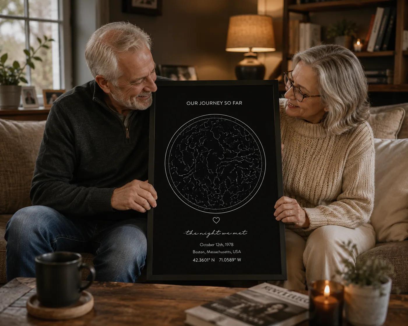 A framed memorial star map in a home