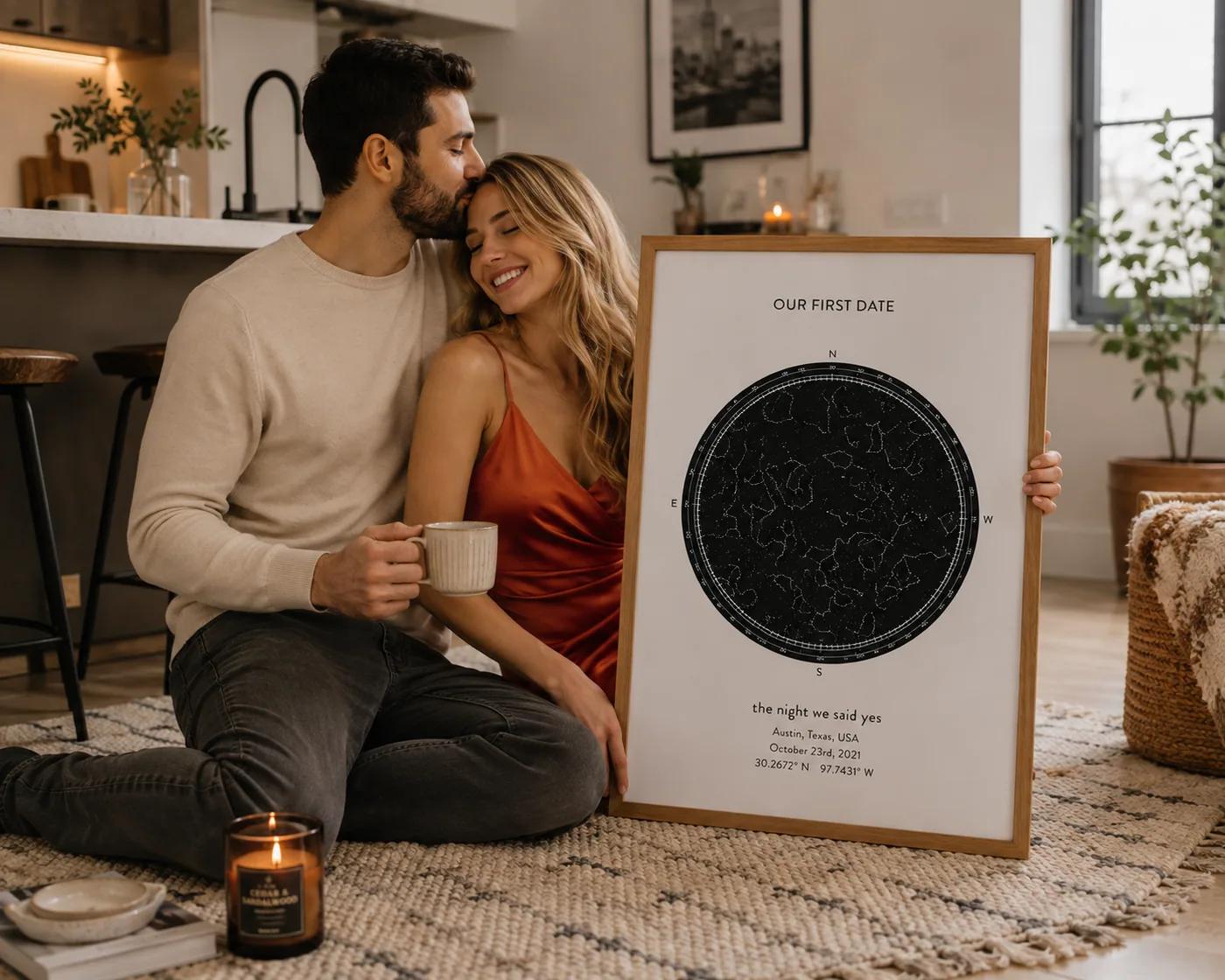 A framed new baby star map in a home
