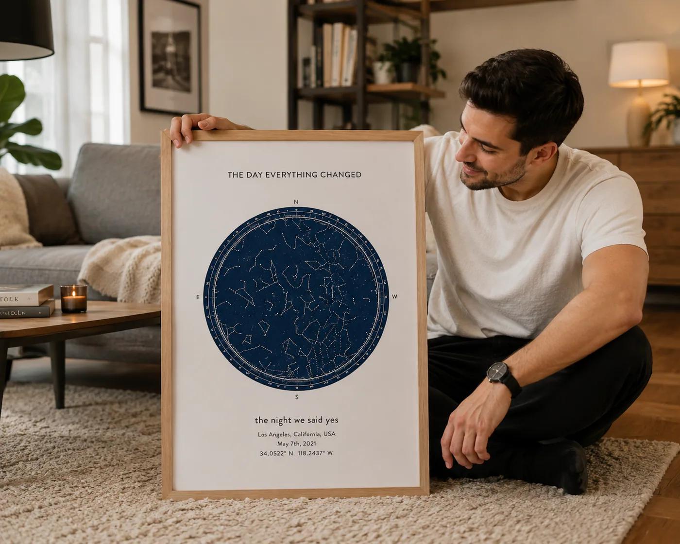 A framed the night we met star map in a home