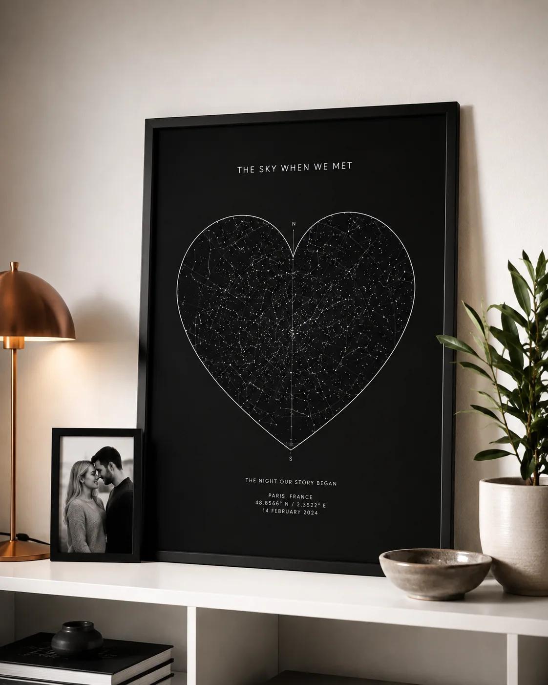 Framed custom star map poster styled on a living-room wall