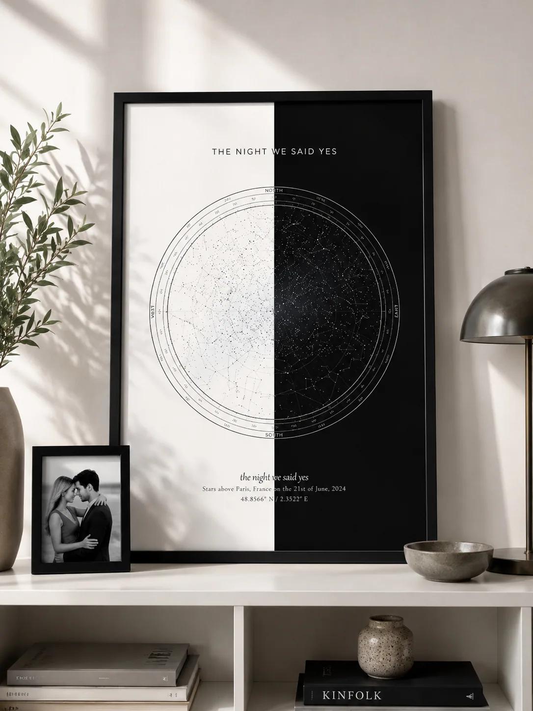 Personalized star map poster in a bright, minimal room